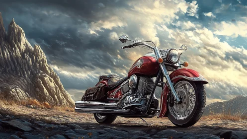 Red cruiser motorcycle under dramatic stormlit sky.