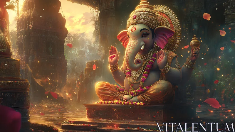 Luminous digital Ganesha idol amid atmospheric temple ruins.
