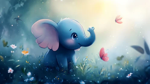 Tiny blue elephant trades shy smiles with drifting butterflies