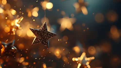 Hanging star ornament is suspended against defocused lights