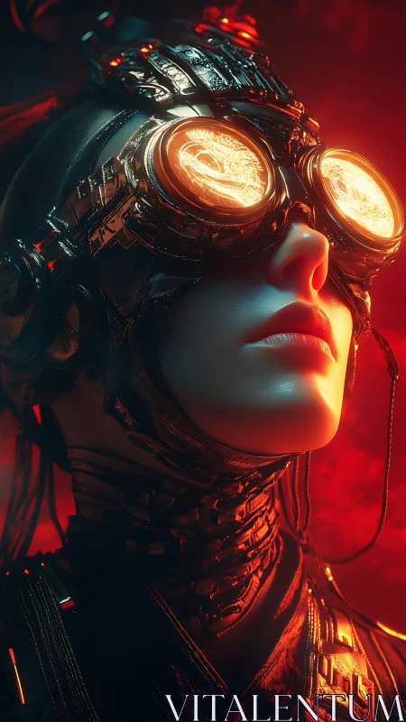 Cyborg subject with illuminated visor in red environment.