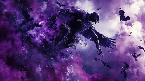 Raven-winged humanoid erupting through turbulent violet nebula.