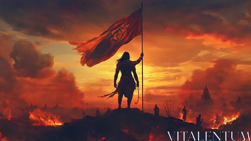 Warrior holding battle flag over burning battlefield at dusk