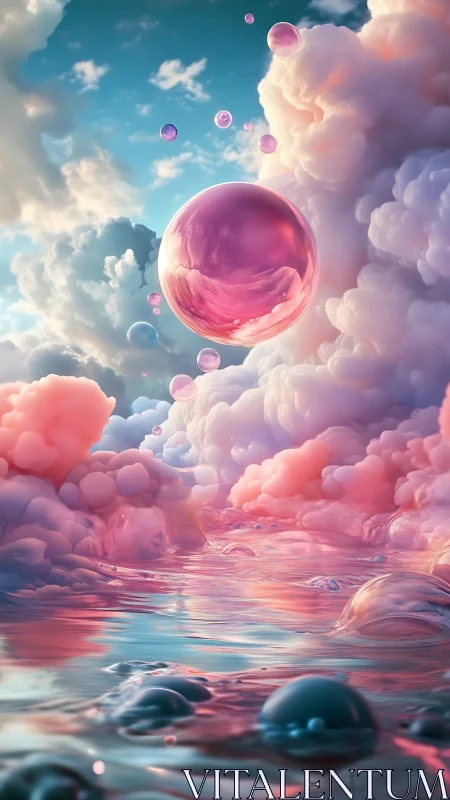 Dreamy pink bubble drifts above pastel clouds and glowing sea