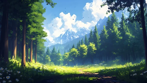 Sunlit Forest Valley With Majestic Mountain Vista Ahead