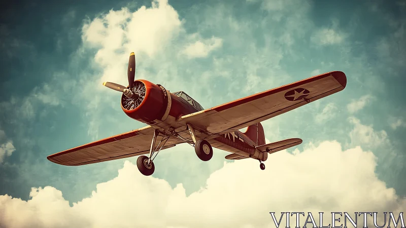 Vintage warplane soars under dramatic sunlit clouds.