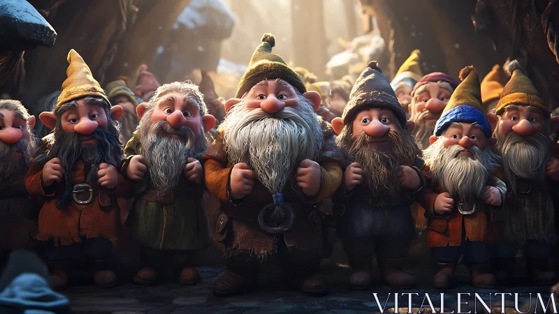Group of cartoon gnomes stands together in warm daylight