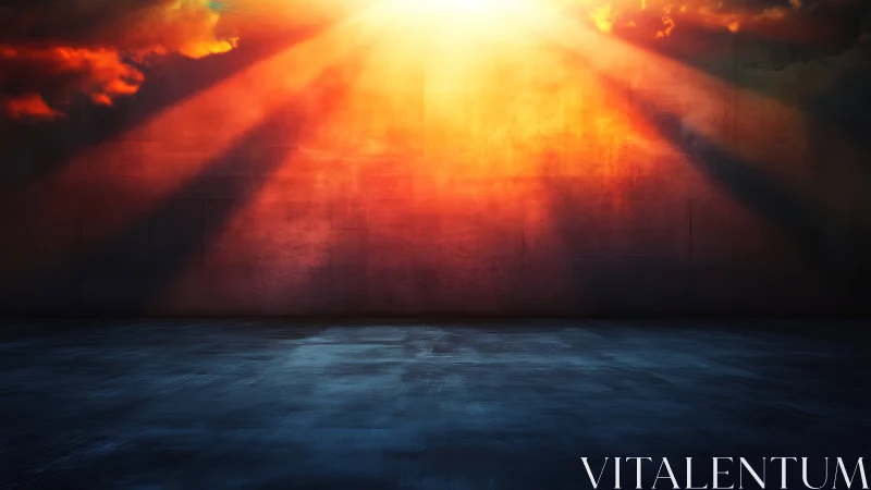 Digital painting of empty stage under dramatic sunset rays.