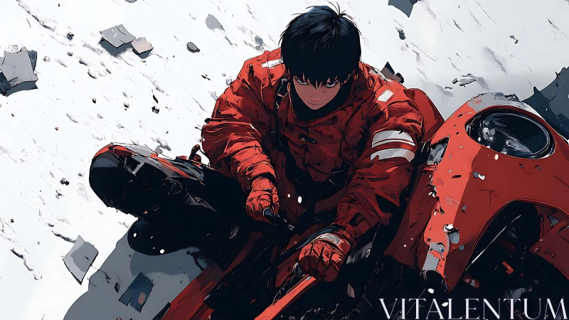 Snowfield biker in distressed red exosuit and damaged cycle frame.