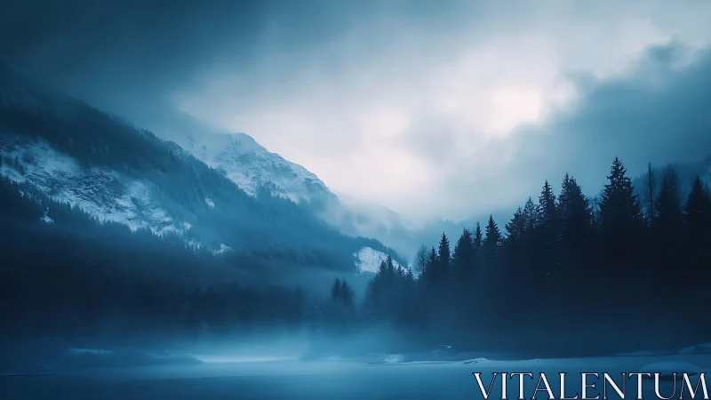 Moody alpine valley in blue hour fog and diffused snowfall light.