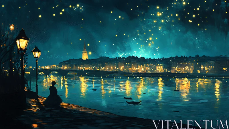 Nocturne riverside cityscape in luminous digital painting style.