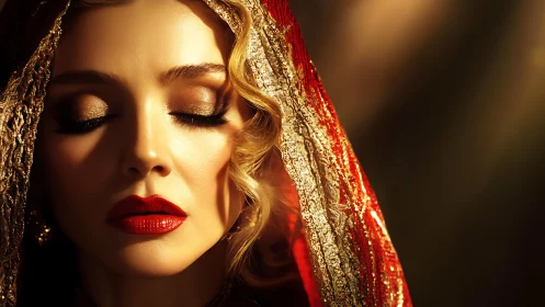 Golden light frames serene woman in red jeweled veil