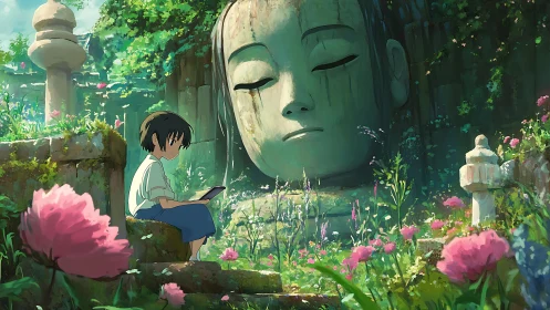 Solitary child studies beside colossal moss-covered statue