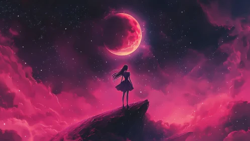 Girl on astral cliff beneath radiant crimson moon.