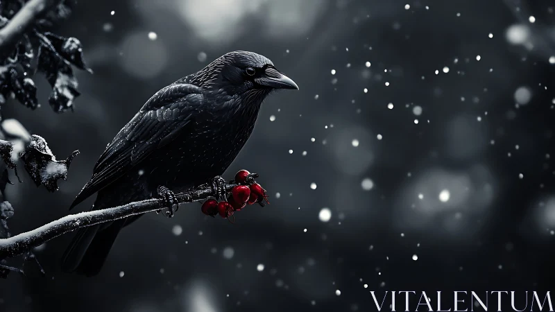 Black bird on snowy branch with red berries in winter scene.