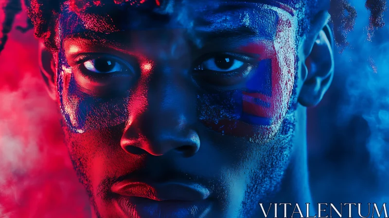 Intense close-up portrait with bold red and blue face paint.