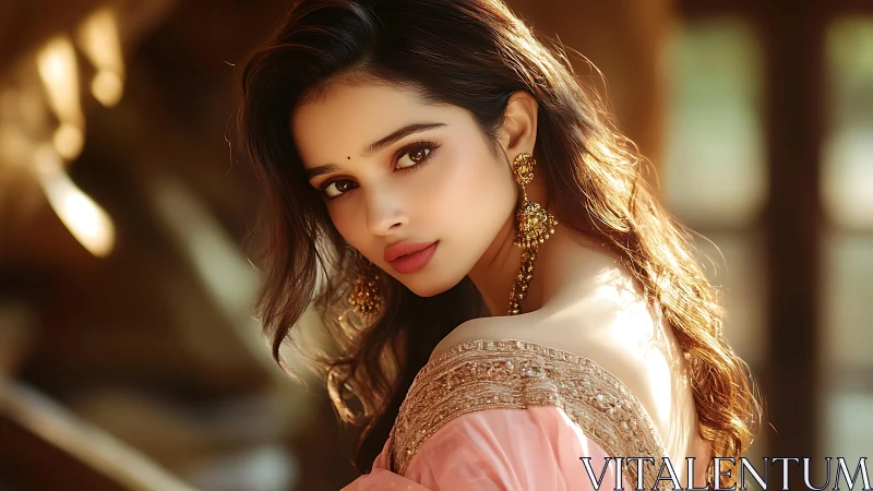 Photorealistic warm-portrait study with ornate ethnic detailing.