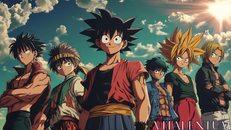 Cel-shaded anime fighters under high-contrast backlit sky.