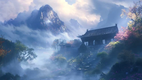 Misty mountain temple rendered in luminous fantasy digital art