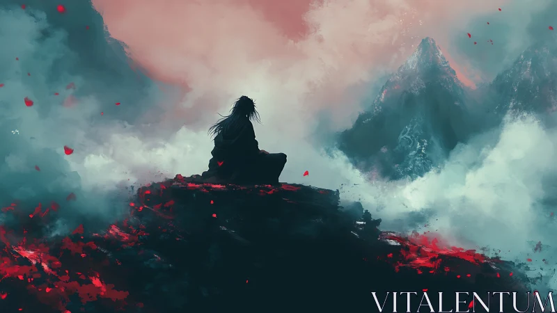 Solitary wanderer finds quiet strength in stormlit peaks