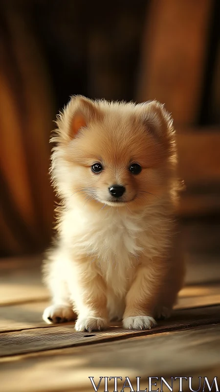 Fluffy Pomeranian puppy on warm wooden floor in sunlight.