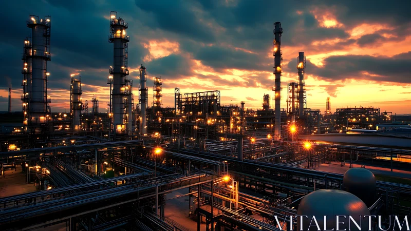 Photorealistic petrochemical complex at dusk with linear grids.
