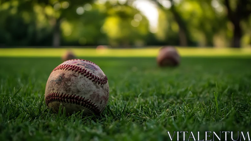 Weathered baseball rests softly on green summer grass field