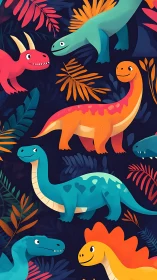 Playful stylized dinosaurs in tropical foliage seamless pattern