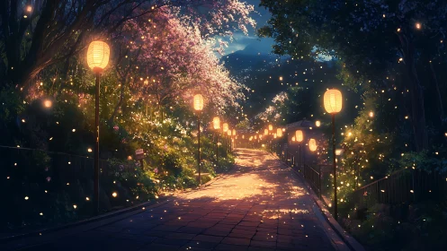 Lantern lit cherry blossom path glowing with gentle magic.
