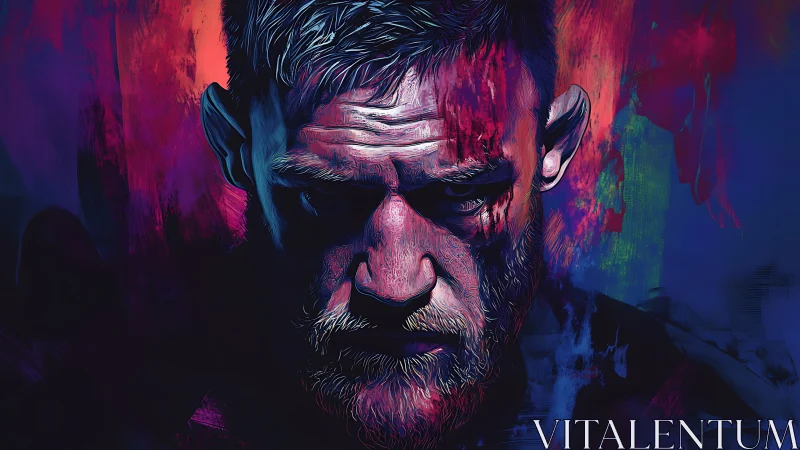 Neon warrior portrait wrapped in fierce electric color storm.