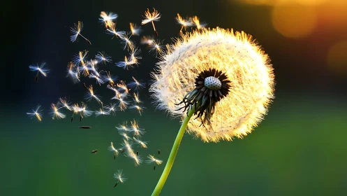 Backlit dandelion seed dispersal in shallow depth-of-field macro.