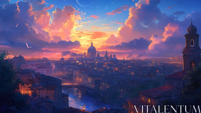 Twilight river cityscape with domed skyline and glowing clouds