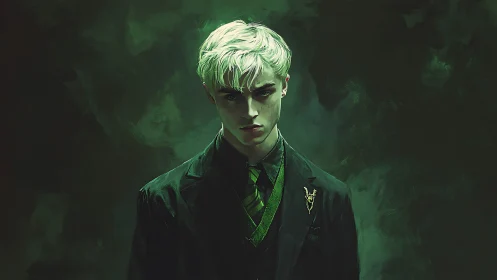 Moody green portrait of stern young man in stylized uniform