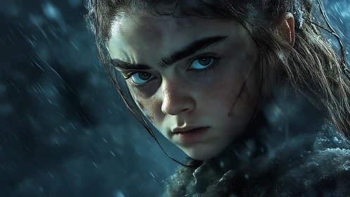 Fierce young warrior holding her ground in stormy night.