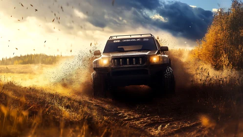 Off-road SUV charging through muddy trail at golden hour light