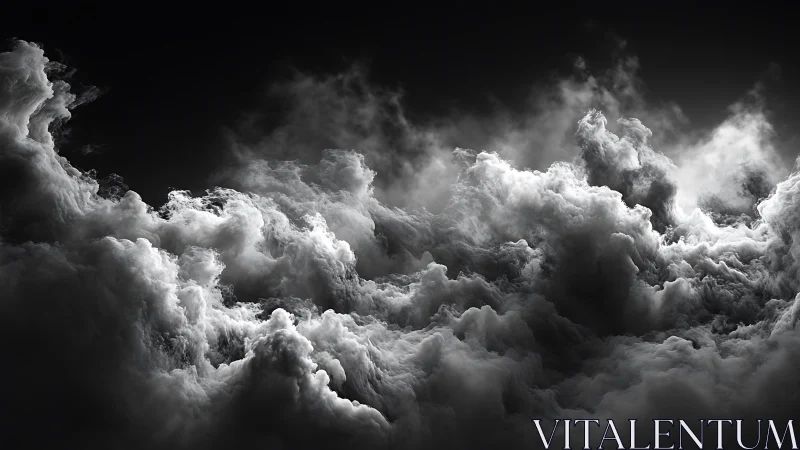 Monochrome volumetric cloudscape in dramatic chiaroscuro rendering.