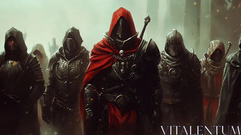 Hooded warriors in crimson and steel stride through mist.