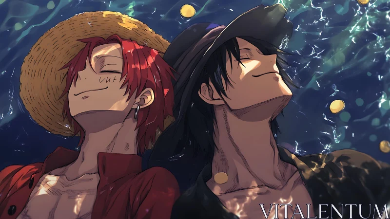 Relaxed anime sailors drifting under sunlit waves.