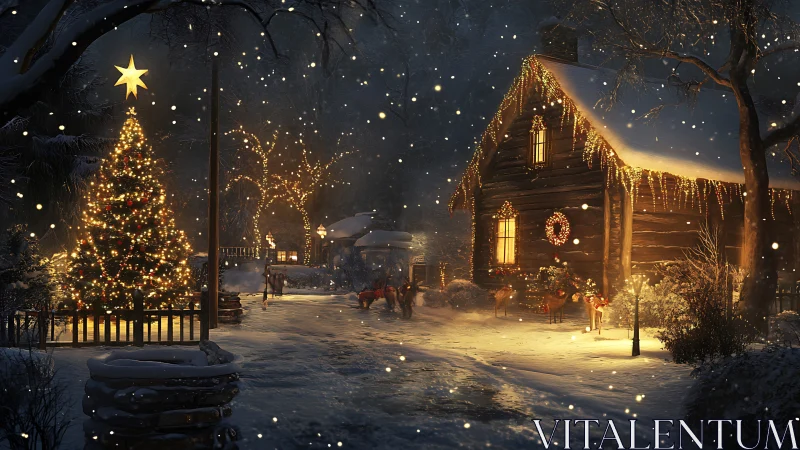 Snow-covered cabin and illuminated tree stand in winter night