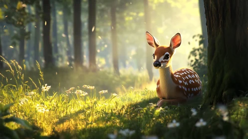 Cartoon fawn rests beside tree in softly lit forest clearing