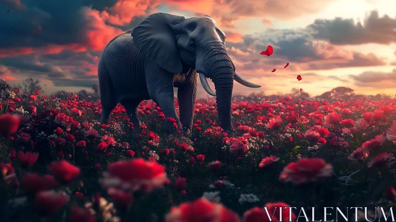 Elephant in dense red flower field under dramatic sky at dusk.
