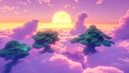 Voxel trees float above dense clouds at colorful sunset