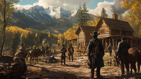 Frontier standoff under snowcapped peaks and golden aspens.