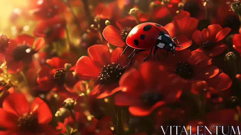 Ladybug on red wildflowers under golden evening light.
