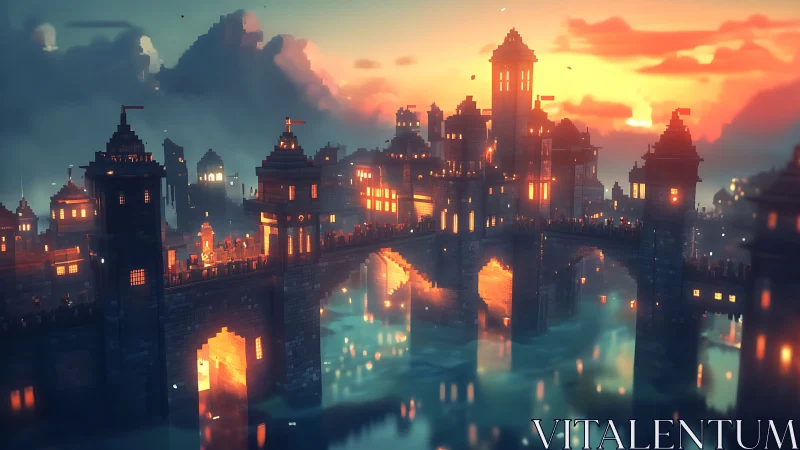 Sunlit fortified bridge city rendered in cinematic digital painting