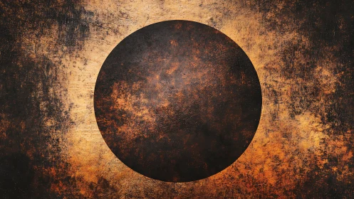 Textured eclipse disc on oxidized metallic field.