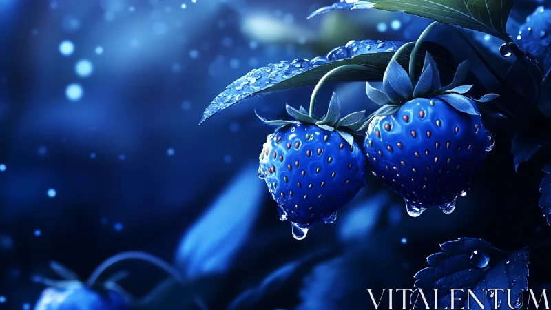 Luminous blue strawberries in nocturnal macro digital study.