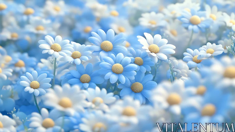 Blue and White Daisy Flowers Field with Yellow Centers