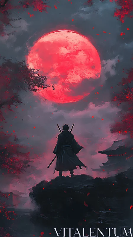 Samurai silhouette under oversized crimson lunar eclipse.