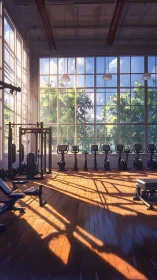 Sunlit cardio studio with panoramic glazing and wood flooring.